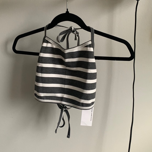 🔥🔥🔥American Apparel Ponte Halter Crop Top in Grey and White Stripe - One Size - Picture 1 of 4